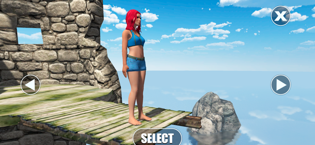 Cliff Flip Diving Swimming Sim - Una personaje femenina con cabello rojo de pie en una plataforma de clavados de madera con vista al océano en el juego Cliff Flip Diving.