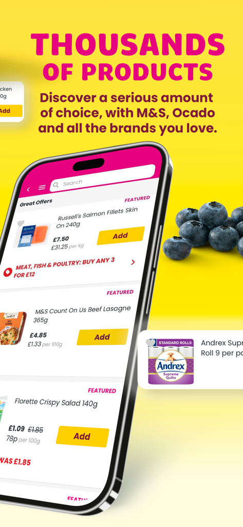 Zoom by Ocado app interface showing a wide selection of grocery products and great offers