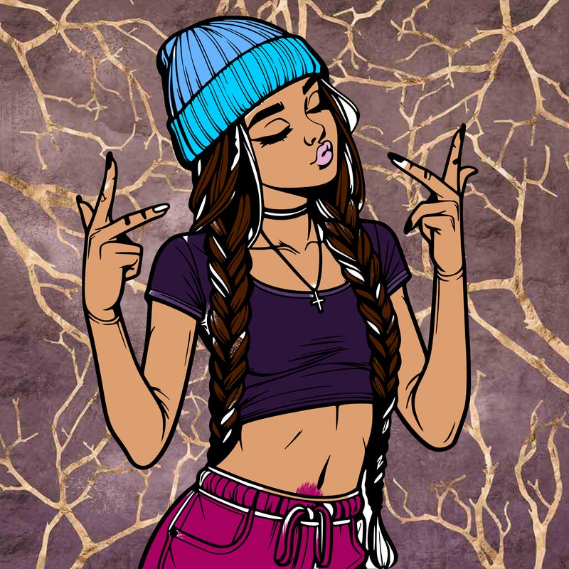 realistic teenage girl with braids and a beanie and crop top doing 🫶🏼
