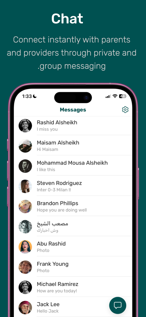 AuTie: Together for Autism - Screenshot of the AuTie app chat interface showing a list of private and group messages between parents and providers.