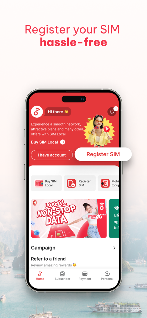 myLocal.vn - Interfaz de la aplicación móvil MyLocal.vn mostrando opciones para registrar una tarjeta SIM con fondo de la Bahía de Halong