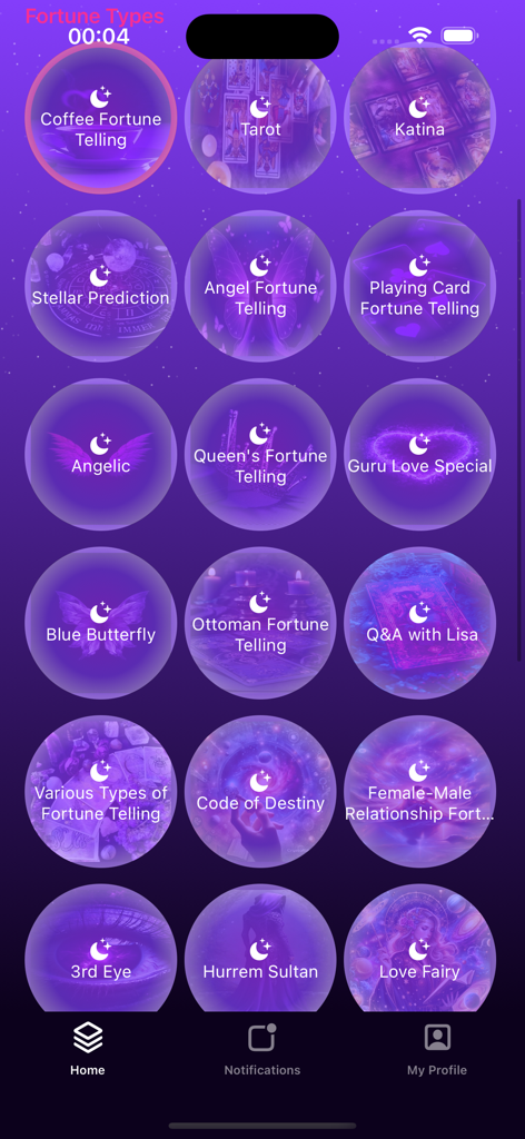 Guru Tarot - Tela do aplicativo Guru Tarot exibindo várias categorias de adivinhação como leitura de café e predição estelar