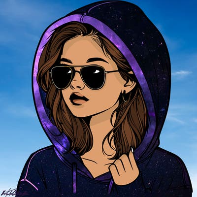 realistic teenage girl, wearing a hoodie and sunglasses