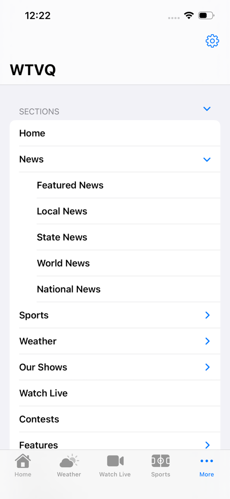 ABC36 - Menú de navegación de la aplicación de noticias ABC36 que muestra categorías como noticias locales, deportes y el tiempo