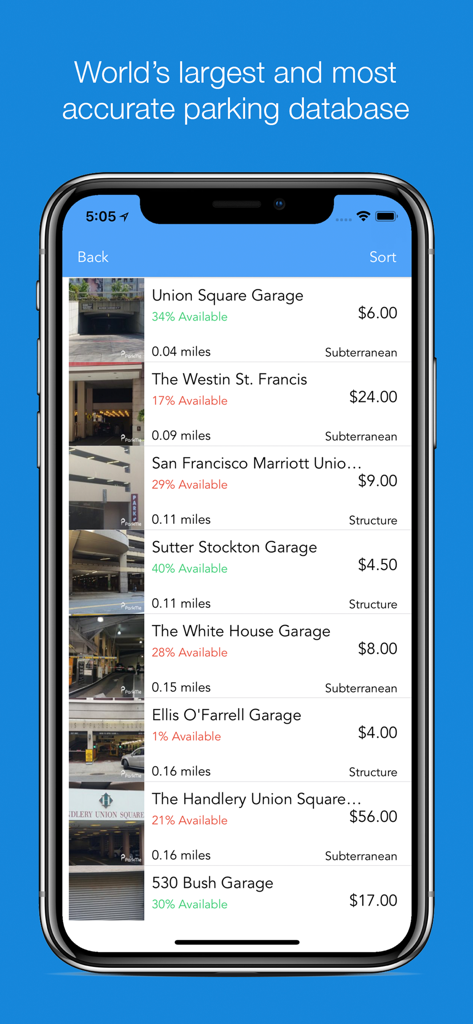 ParkMe app interface showing a list of parking garages with prices and availability percentages.
