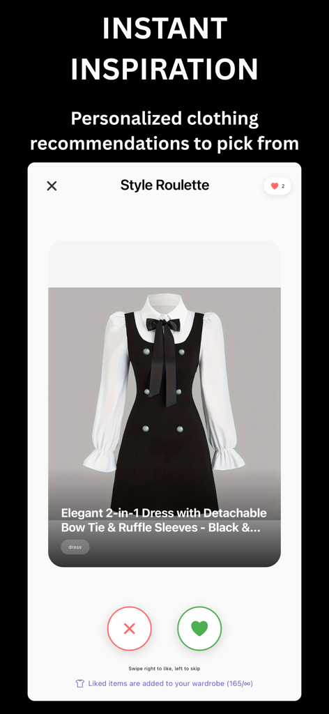 FashionVue - FashionVue app Style Roulette interface showing a dress with like and skip buttons for personalized clothing recommendations.