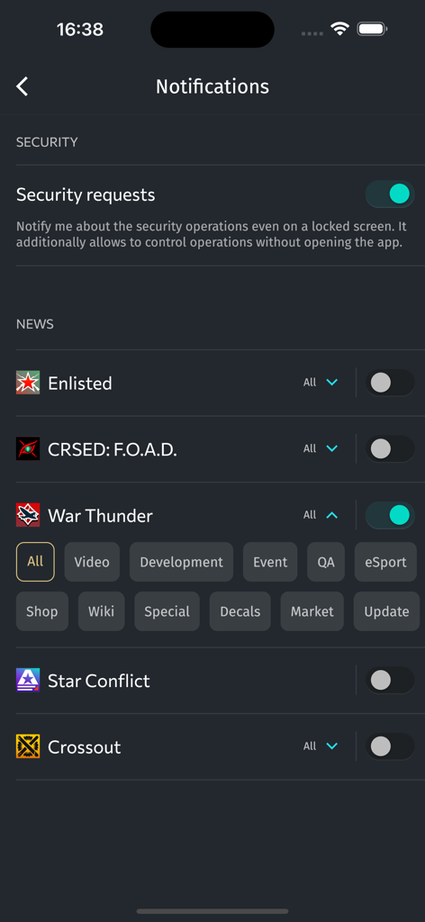 Gaijin Pass - Gaijin Pass app notification settings screen showing security and game news subscription options