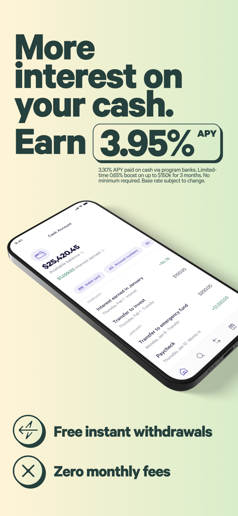 Wealthfront: Save and Invest - Teléfono inteligente mostrando la cuenta de efectivo Wealthfront con 3.95 por ciento APY y retiros gratuitos