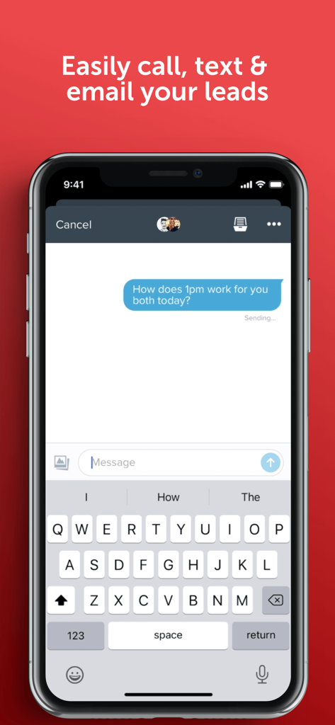 Follow Up Boss - Pantalla móvil mostrando la interfaz de mensajería de la aplicación Follow Up Boss con un mensaje de texto enviado a un lead inmobiliario