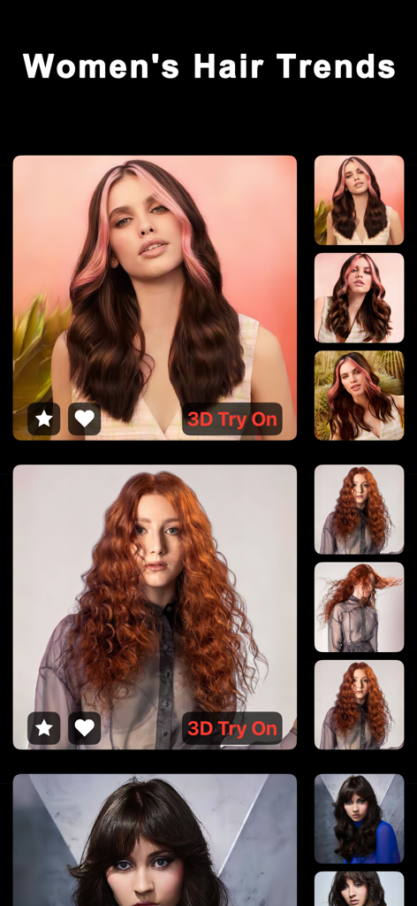 PingHair: AI Hairstyle Changer - Interfaz de la aplicación PingHair que muestra tendencias de peinados para mujeres, incluyendo mechas rosas y cabello rizado rojo con función de prueba 3D