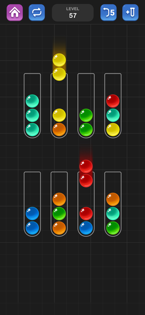 Gameplay screen of Ball Sort Puzzle showing colored balls being organized into glass tubes