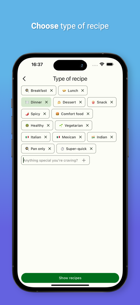 Screenshot of PantryChef app interface for choosing a recipe type with tags like Dinner Healthy and Vegetarian