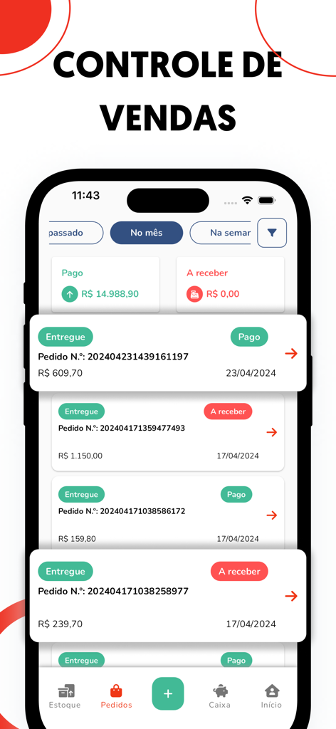 Controle de estoque - Kontro - Kontro-App-Mobilbildschirm, der eine Liste von Verkaufsaufträgen und den Zahlungsstatus anzeigt