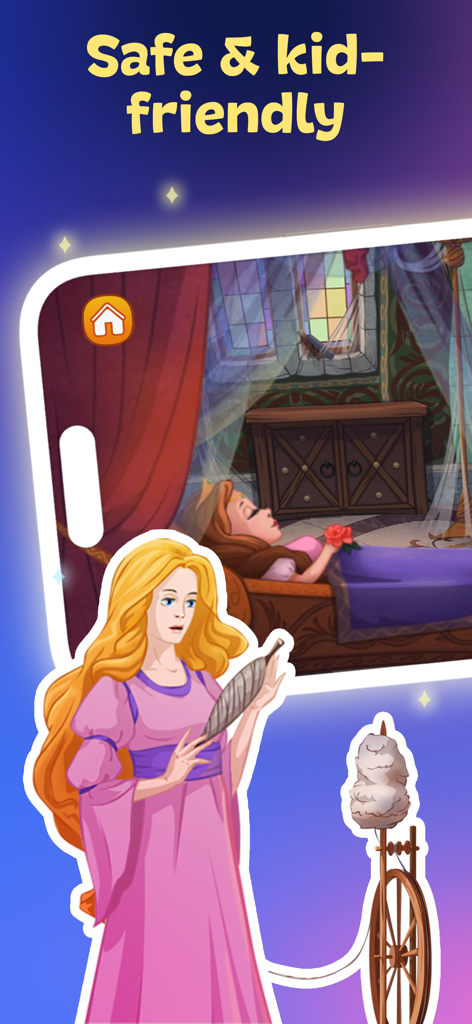 Books for Kids and Toddlers - Escena interactiva del cuento de La Bella Durmiente en una aplicación segura para niños
