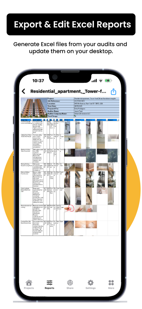 Mobile screen displaying a detailed Excel spreadsheet report with snag descriptions and site photos from a construction audit.