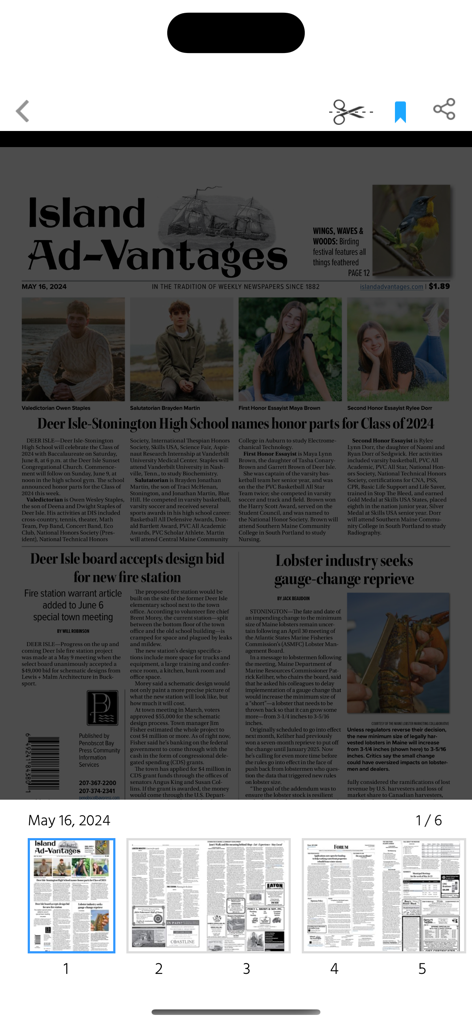 Island Ad-Vantages - Digital newspaper interface of Island Ad-Vantages featuring Maine local news and high school graduation updates