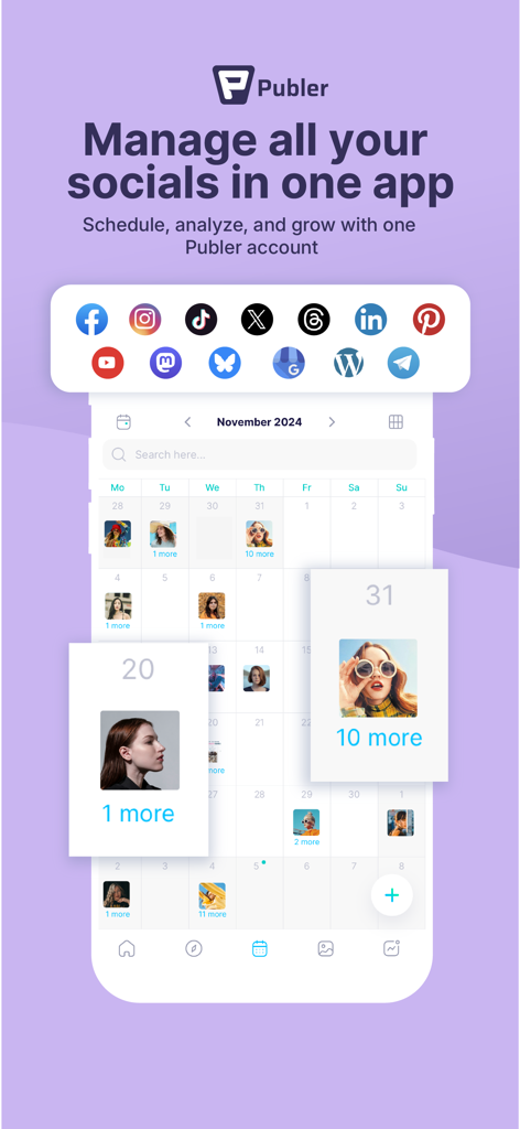 Publer: Social Media Tools - Publer app interface displaying a social media content calendar with icons for various supported platforms