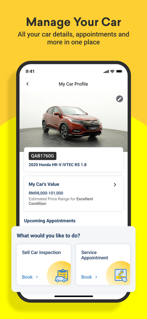 CARSOME: Buy,Sell,Service Cars - A interface da aplicação CARSOME para gerir os detalhes do carro e agendar agendamentos de serviço