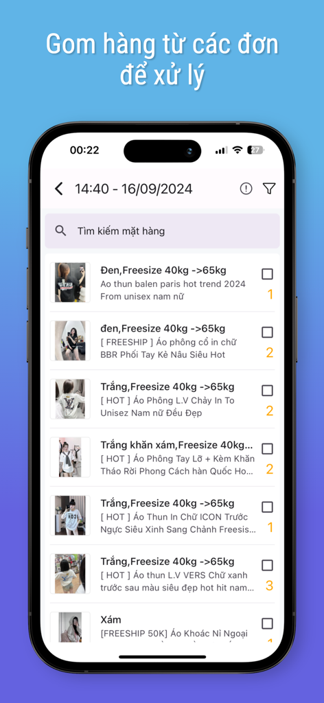 ShipXanh - ShipXanh app interface displaying a list of e-commerce orders and products for bulk processing and management