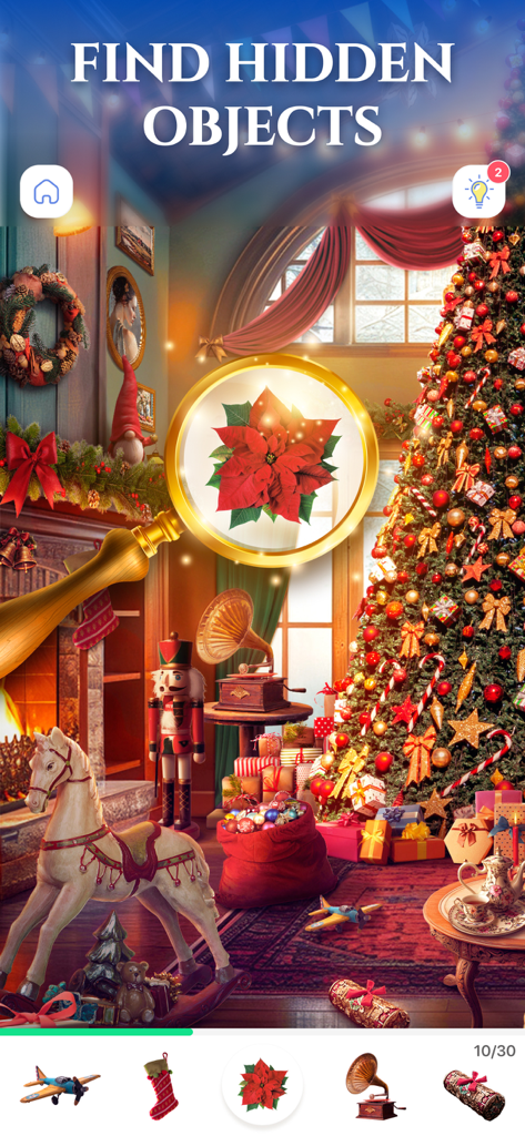 Bright Objects・Find the Hidden - Habitación navideña festiva en un juego de objetos ocultos con una lupa resaltando una flor