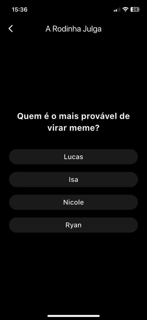 Passatempo - 어떤 친구가 밈이 될 가능성이 가장 높은지 묻는 한국어 그룹 투표 게임을 보여주는 Passatempo 앱 인터페이스
