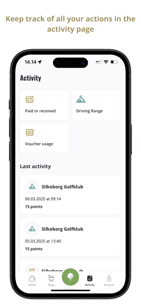 GolfMore - GolfMore app activity screen showing driving range points and voucher usage history