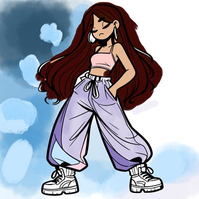 girl in baggy pants crop top and long hair