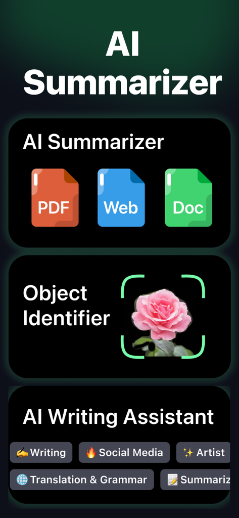 AI Chat − AI Chatbot Assistant - Interface showing AI Summarizer for documents, Object Identifier with a rose, and AI Writing Assistant tags.