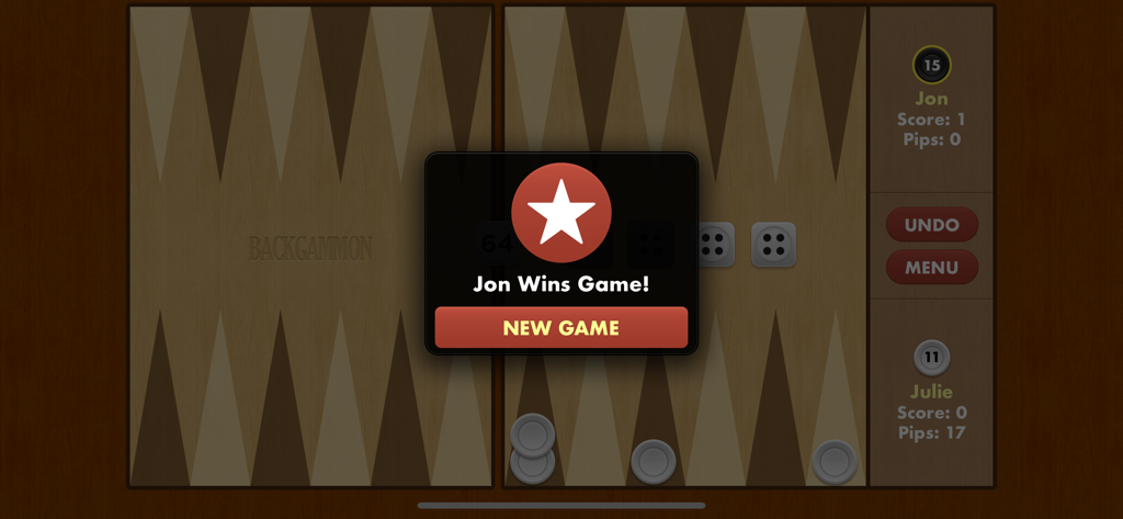 Game winning notification for Jon in the Backgammon Pro app