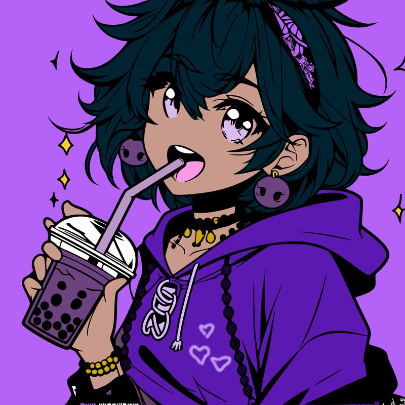 hot baddie anime girl drinking boba and biting the straw