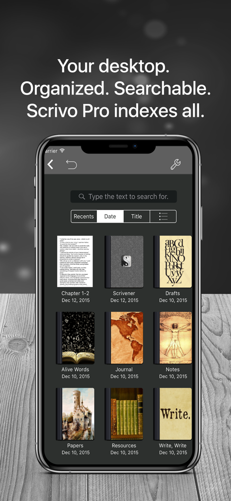 Interfaccia dell'app Scrivo 4 che mostra progetti di scrittura organizzati e una libreria di quaderni ricercabile