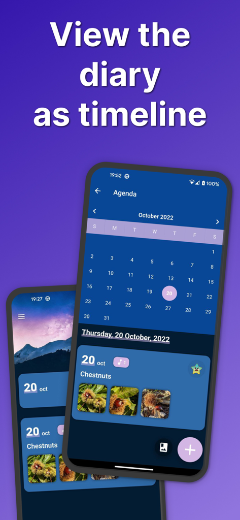 My Secret Diary - Journal - Uma captura de tela da interface do aplicativo My Secret Diary mostrando um calendário e entradas de diário cronológicas com fotos e ícones de humor.