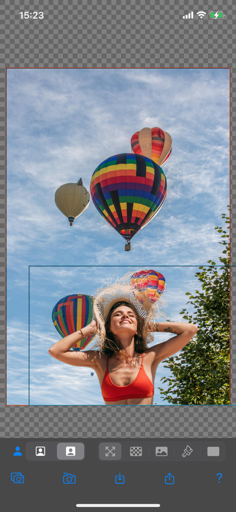 Background Replacer - カラフルな熱気球の背景の上にレイヤーされた女性の写真を示す写真編集インターフェイス