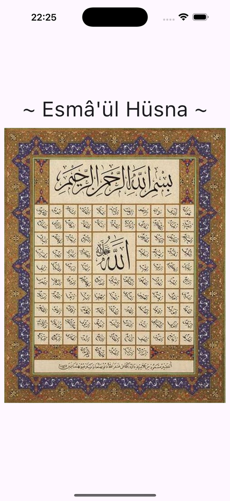 Esmâ'ül Hüsna - Calligraphie islamique traditionnelle présentant les 99 Noms d'Allah dans une grille décorative au sein de l'application.