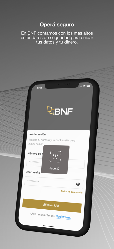 BNF Paraguay - BNFパラグアイモバイルバンキングアプリのログイン画面。Face ID生体認証セキュリティプロンプトが表示されています。