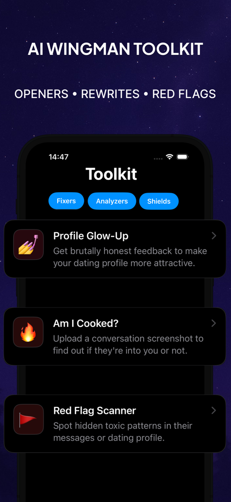 Rizzio: Rizz AI Keyboard - Rizzio AI Wingman Toolkit screen showing Profile Glow-Up, Am I Cooked analyzer, and Red Flag Scanner features