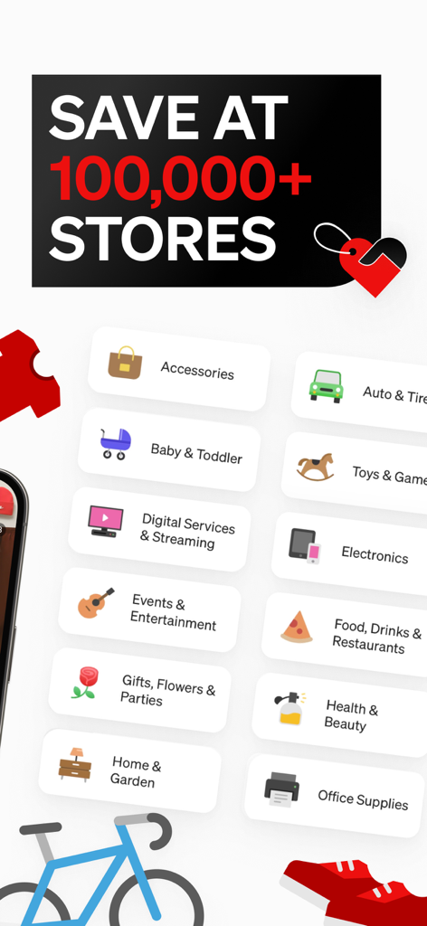 A list of shopping categories on the Price.com app including electronics home and garden and food