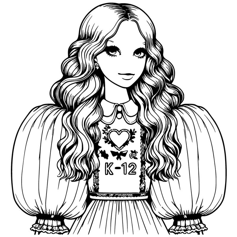 hyper realistic girl with puffed sleeves dress, with a embroidered hear that says k-12 and long wavy hair,