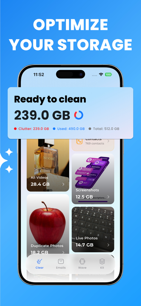 Interface de aplicativo móvel mostrando otimização de armazenamento e categorias como fotos duplicadas e vídeos grandes para limpeza