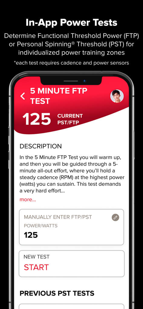Spinning Indoor Cycling - Tela móvel do aplicativo Spinning mostrando a descrição de um teste FTP de 5 minutos e métricas de potência.