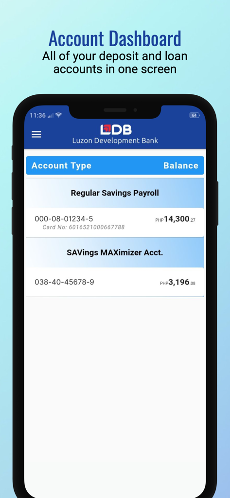 LDB Mobile - LDB Mobile app account dashboard showing account types and balances