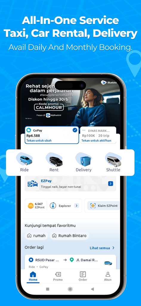 MyBluebird Taxi & Car Rental - MyBluebird app home screen showing taxi car rental and delivery services for international travelers