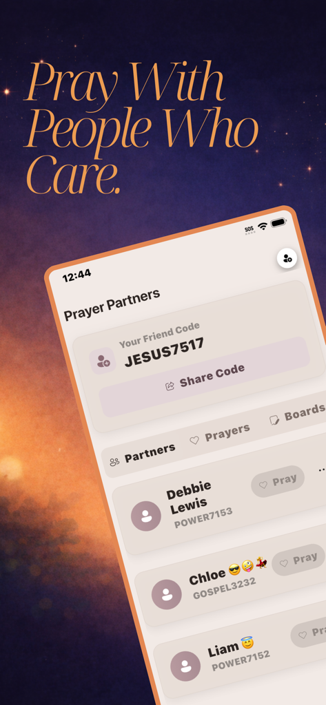 Bible ASMR - Bible ASMR app interface showing the Prayer Partners feature with friend codes and a list of partners to pray with.