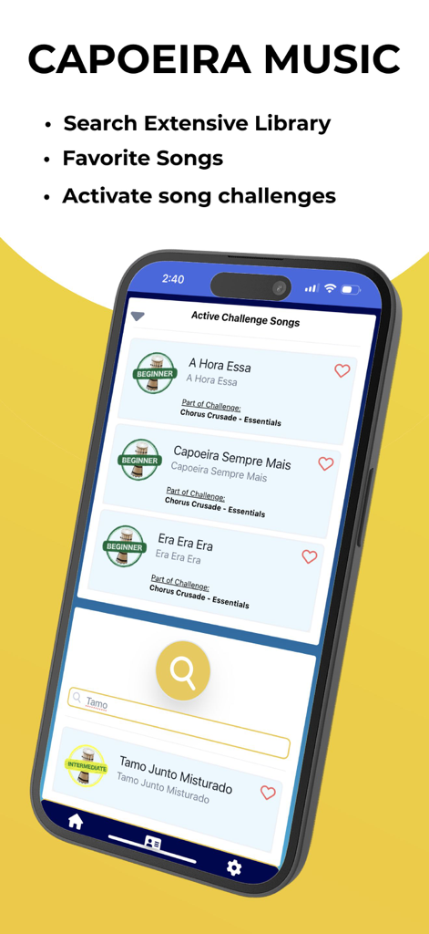 Capoeira Journal - Capoeira Journal app interface displaying the music library and active song challenges for practitioners.