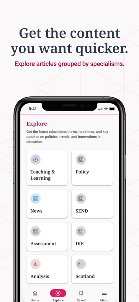 Tela de exploração do aplicativo Tes Magazine exibindo categorias de artigos de educação por especialidade