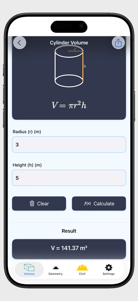 Volume Calculator 3D - Interface of Volume Calculator 3D app showing a cylinder volume calculation with formula and result