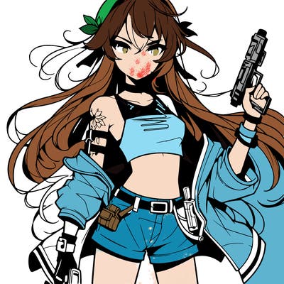 bad girl wearing crop top holding a gun long hair anime