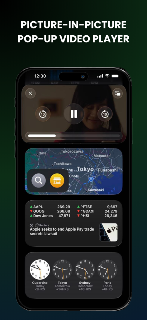 Tela do iPhone exibindo o aplicativo FreePlay com um reprodutor de vídeo pop-up Picture-in-Picture rodando sobre widgets de mapa e ações.