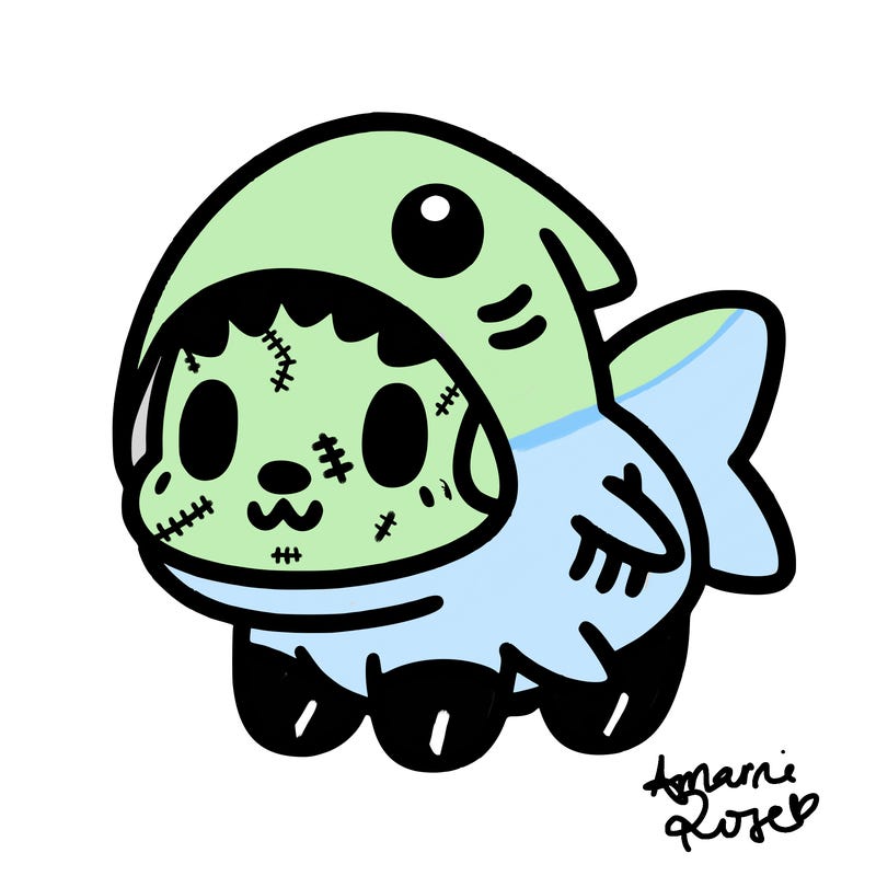 cute dog wearing a shark costume