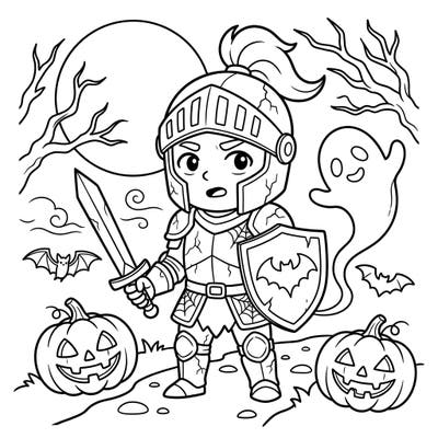 Journey back in time for a spooky adventure with this unique Feudal Knight Halloween coloring page. Immerse yourself in a scene filled with an armored knight, friendly ghosts, and grinning jack-o'-lanterns, ready for your creative touch.